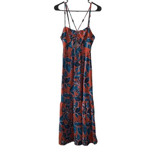 Jason Wu  Terracotta and Teal Floral Linen Blend Boho Tropical Midi Dress Small