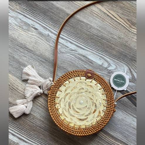 Wicker and Mother of Pearl Woven Crossbody Round Bag