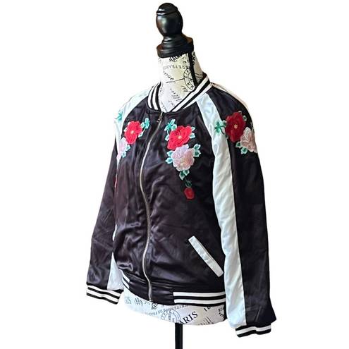 AQUA  CAPSULE Bomber Jacket Black Floral Embroidered full Zip satin Stretch XS