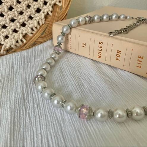 American Vintage Vintage “Laetitia” Silver Purple Pearl Necklace Chunky Chain Clasp Crown Y2K