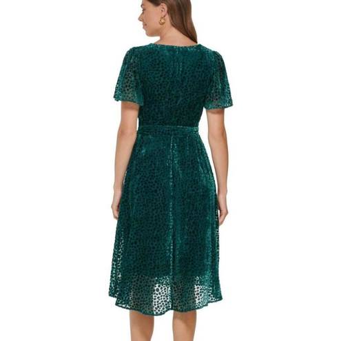 DKNY  Green Flutter Sleeve Faux Wrap Polkadot Dress