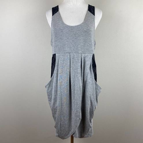 Heartloom  Mini Dress‎ M Gray Knit Black Lace Racerback Pockets Sleeveless