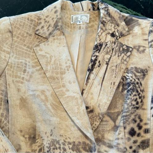 Alberto Makali Vintage  Cheetah Animal Print Lined Linen Blazer Jacket Tan Size 8