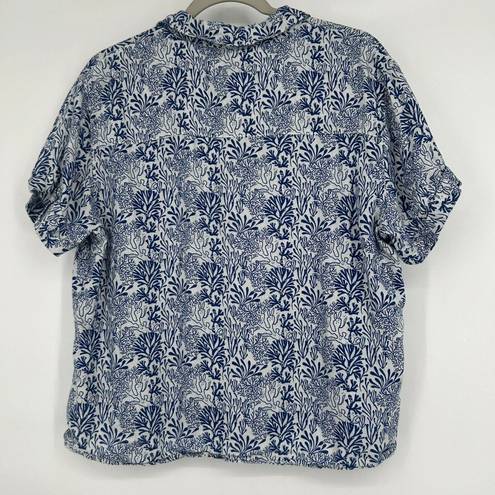 Nicole Miller  Linen Button Up Shirt Coral Reef Print Blue White Beachy Size M