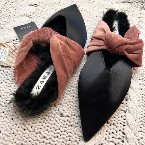 ZARA  NWT Satin Faux Fur Lined Mules Velvet Bow Detail Size‎ 37 SPECIAL EDITION