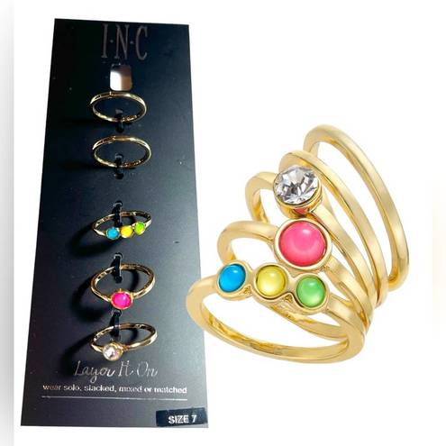 INC NEW  (5) STACK RING SET Size 7 Gold Tone Crystal Stone Pink Green Blue Yellow