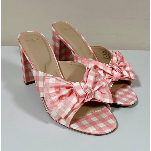 Draper James RSVP Pink White Gingham Plaid Checkered Bow Peep-Toe Open-Toe Heels Sandals Slides Shoes Size 8.5 🤍🩷