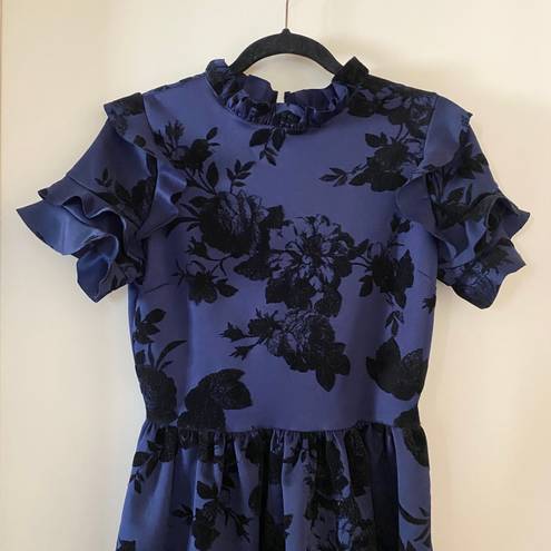 AQUA NWT  Floral Flocked Velvet Ruffle Sleeve Dress Navy Blue & Black