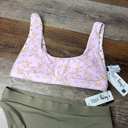 Daisy NWT Dippin 's Bikini 2 Piece High Waist Taupe Bottoms Pink Floral Top Small