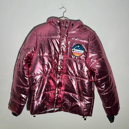 Champion NWT  Pink Metallic Zip-Front Puffer Coat NASA Patches Unisex Size M