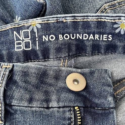 No Bo  Juniors SZ 7 Cuffed Crop Jeans High-Rise Floral Print Stretch Pockets Blue