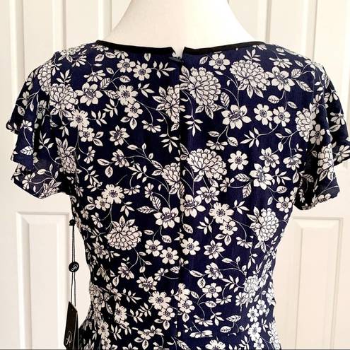 Adrianna Papell  Dress Ditsy Navy Ivory Petunia Tiered Cap Sleeve Dress Size 4