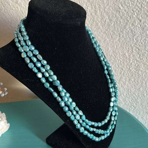 infinity Endless  63” Strand Dyed Vibrant Sky Blue Freshwater Rice Pearl Necklace