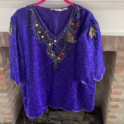 Scala VINTAGE 1980’s  Beaded Sequined Evening Blouse XL w/shoulder pads