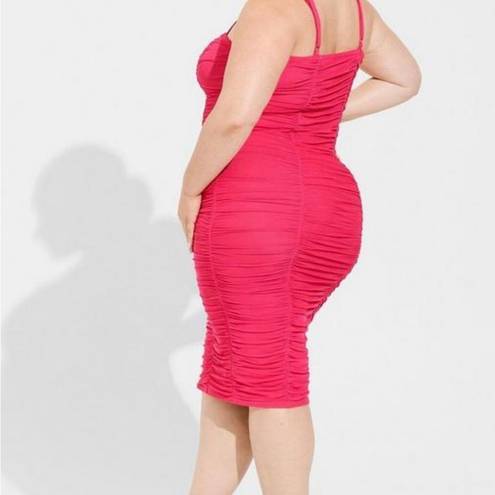 Torrid NWT Women’s  Midi Mesh Shirred Bodycon Dress hot pink ruched size 10