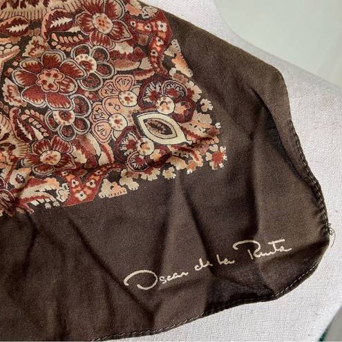 Oscar de la Renta Vintage  Signed Large Square Scarf Brown Floral Houndstooth