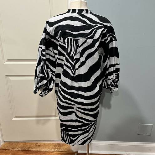 Natori  Zebra Cotton Poplin Balloon Sleeve Belted Shirtdress Size Medium