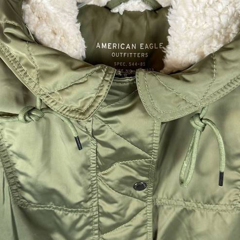 American Eagle AEO Flight Bomber Jacket Sherpa-Lined Hooded Satin Green L