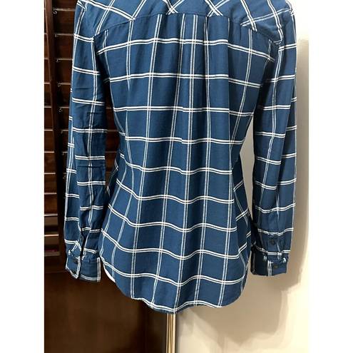 Draper James  Womens Button Up Shirt Blue Plaid Long Sleeve Cuff Round Hem 2