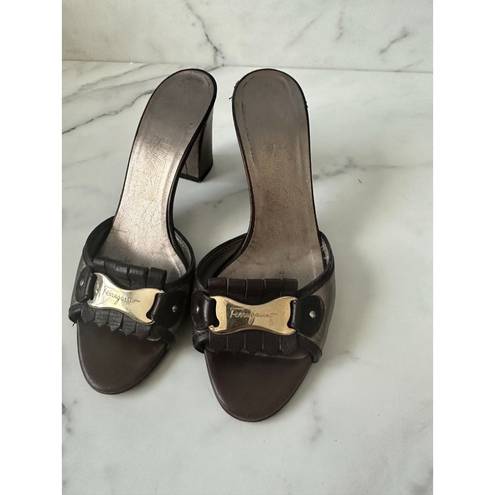 Salvatore Ferragamo  Brown Leather Logo Heels Sandals Size 8