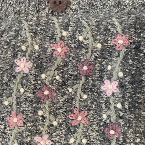 Dress Barn Vintage  Cardigan Sweater Knit Gray Patchwork Round Neck Pastel Floral