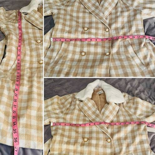 Aura  It's A Look Beige Plaid Coat Tie Double Breast Pearl Button M J NWT