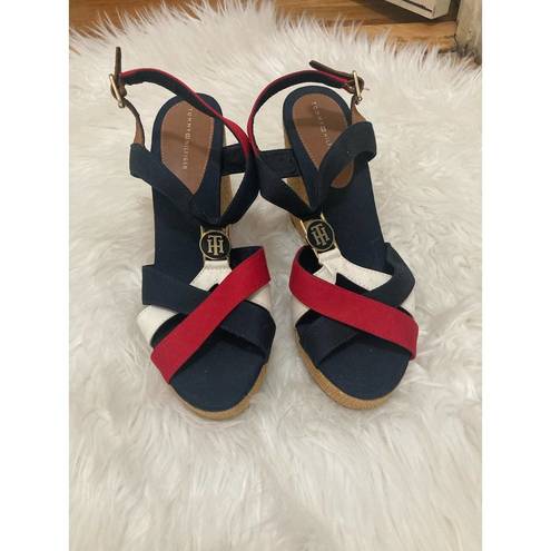 Tommy Hilfiger  wedges heels navy blue white and red logo emblem women’s size 9.5