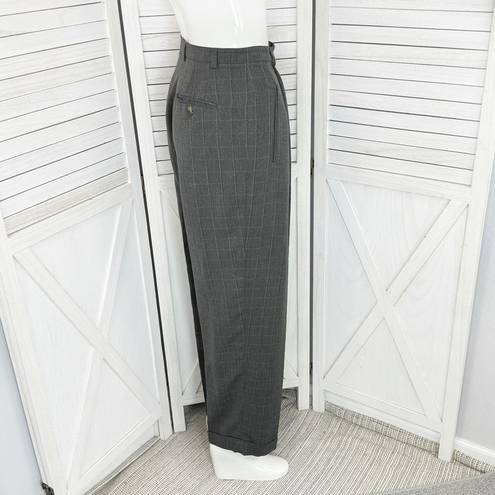 Geoffrey Beene  Windowpane High Waist Cuff Hem Straight Leg Trouser Pants Grey 8