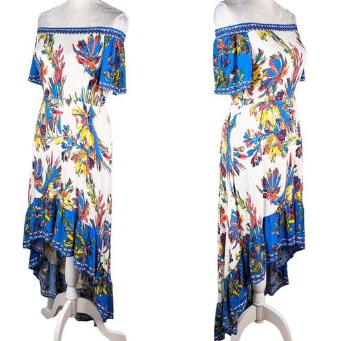 Flying Tomato  Dress XS Off Shoulder Hi-Lo Blue White Floral