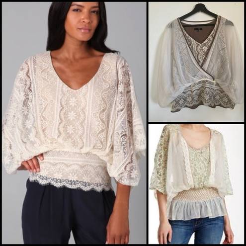 Ryu Anthro  Lace Wrap Front Coquette Cottagecore Boho Dolman Sleeve Blouse Size L