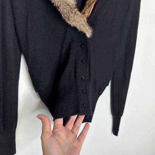 Tracy Reese  Rabbit Fur Collar Black Ribbed Sleeves Cardigan Size Small