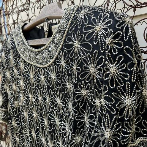 Adrianna Papell Vintage  Boutique Evening Black Silk Beaded Daisy Floral Blouse