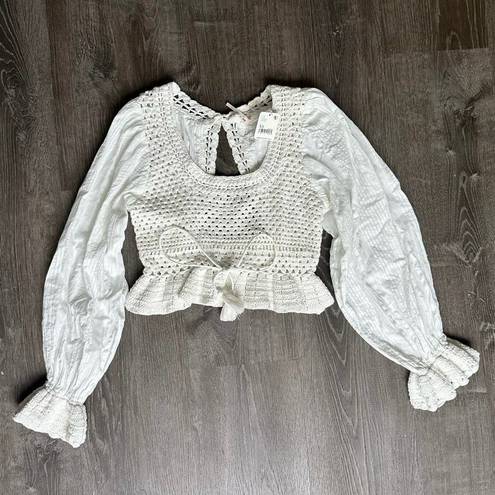 Free People NWT  - Megan Crochet Knit Ivory Top XS Boho Peasant Festival Blouse