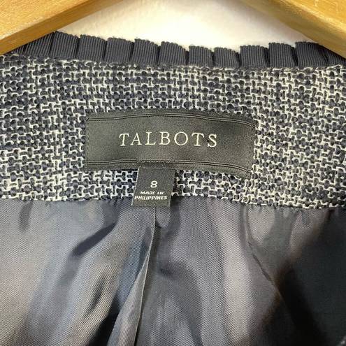 Talbots Classic Preppy Navy Blue Tweed Ruffle Blazer Jacket Cotton Wool womens 8