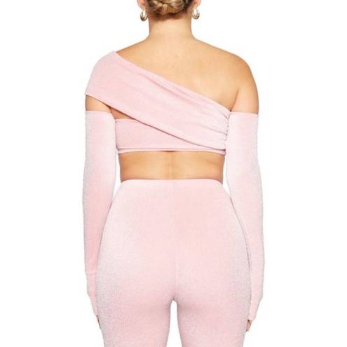Naked Wardrobe NWOT  Pink Sparkle Overly Long Sleeve Off the Shoulder Crop Top