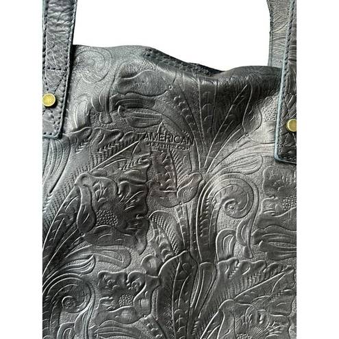 Krass&co American Leather . Black Floral Tooled Leather Zip Tote Bag Shoulder Bag Black