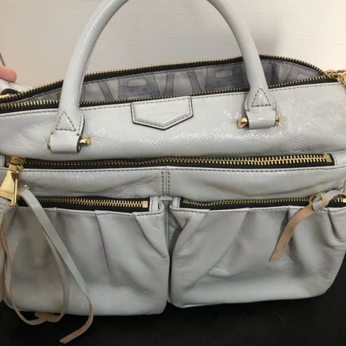 Aimee Kestenberg  glossy leather‎ satchel in light grey 15” x 10” bag purse