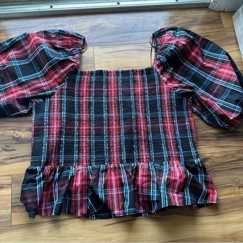 Draper James  multicolored plaid smocked peasant top XXL