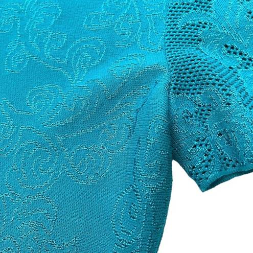 St. John  Turquoise Blue Jacquard Knit Pointelle Peplum Top