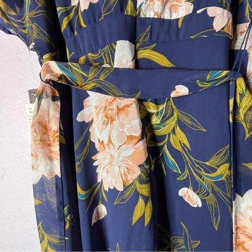 Luxology Navy Floral Print Chiffon High Low Faux Wrap Dress Size 16 New!