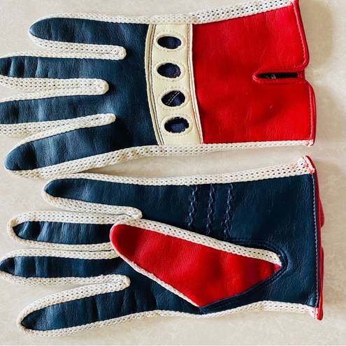 VTG Driving Gloves Women O/S White Stretch Nylon Spandex Leather Mesh Red Blue