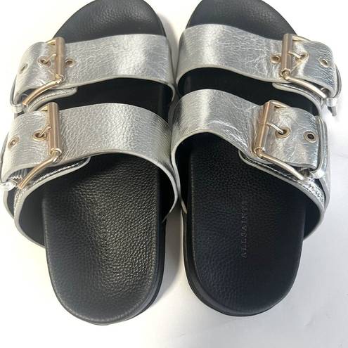 ALLSAINTS  Sz 7 Sian Leather Metallic Silver Slide Sandals Double Buckle