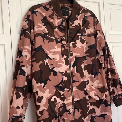 Love Tree  pink brown camo long bomber jacket size large
