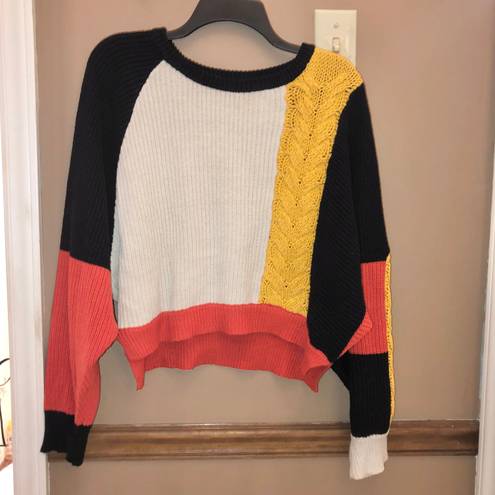 Moon & Madison Chunky Cable Color Block Cropped Sweater Black Yellow Cream M