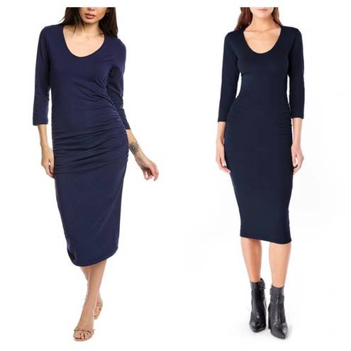 Michael Stars  Blue Ruched 3/4th Sleeve Midi Dress Medium