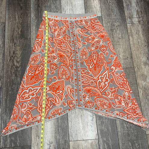 INC International Concepts Shark Bite Paisley Hem MIDI Skirt Orange Gray Size L