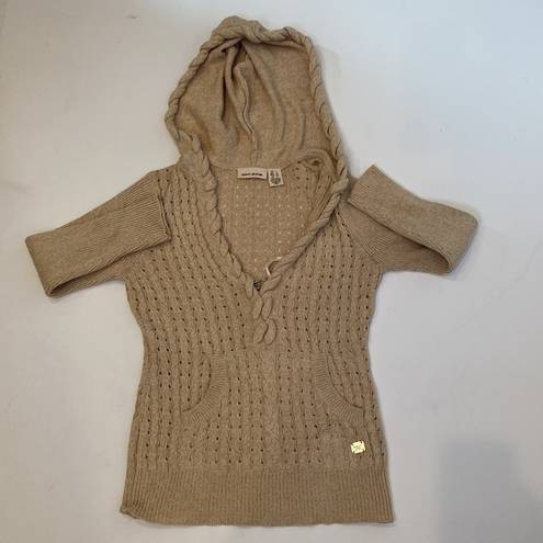 DKNY  Beige Cable Knit V-Neck Hooded Sweatshirt EUC Sz Sm Cotton Pullover