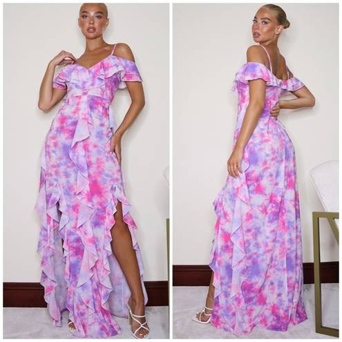 Pretty Little Thing Pink Tie Dye Cold Shoulder Ruffle Detail Maxi Dress 12 Large
