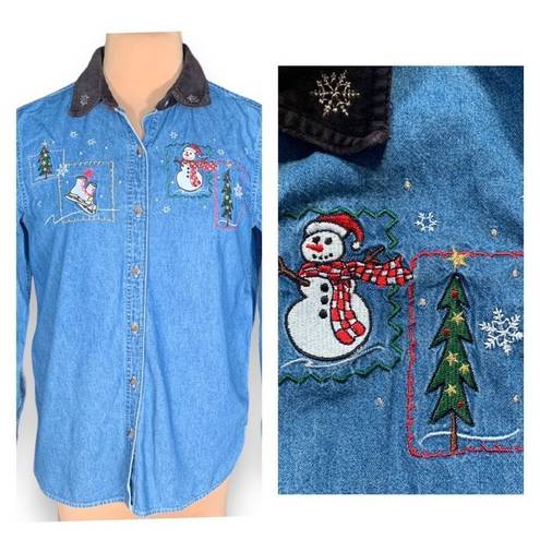 Basic Editions  Vintage Shirt Chambray Holiday Button Front Black Velvet Snowman