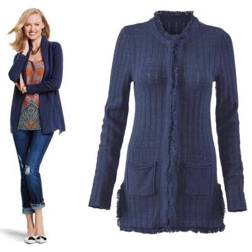 CAbi  Navy Blue Duchess Speckled Confetti Hook Closure Fringe Trim Long Cardigan